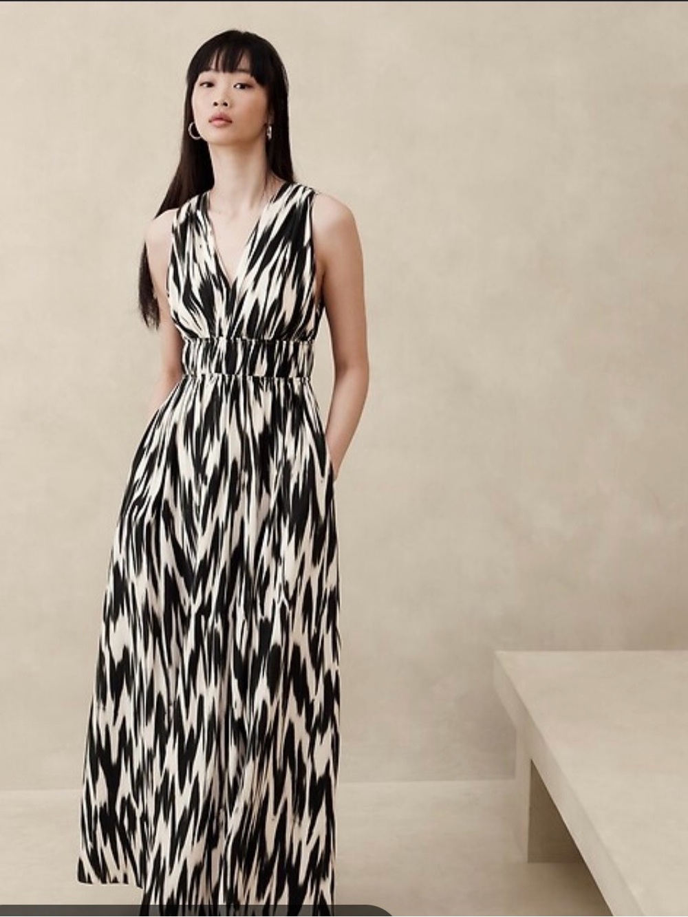 Banana Republic Black & White Silk Sleeveless V‑Neck Maxi Dress